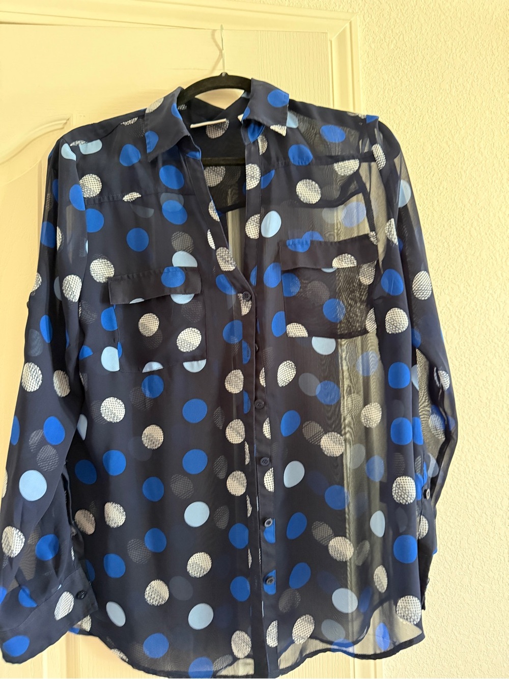 New York & Company Navy Blue Sheer Polka Dot Blouse